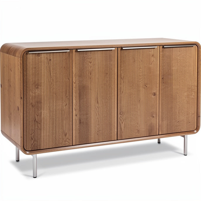 **Nederlands technische titel:** Moderne houten kast met ribbelstructuur en metalen poten
