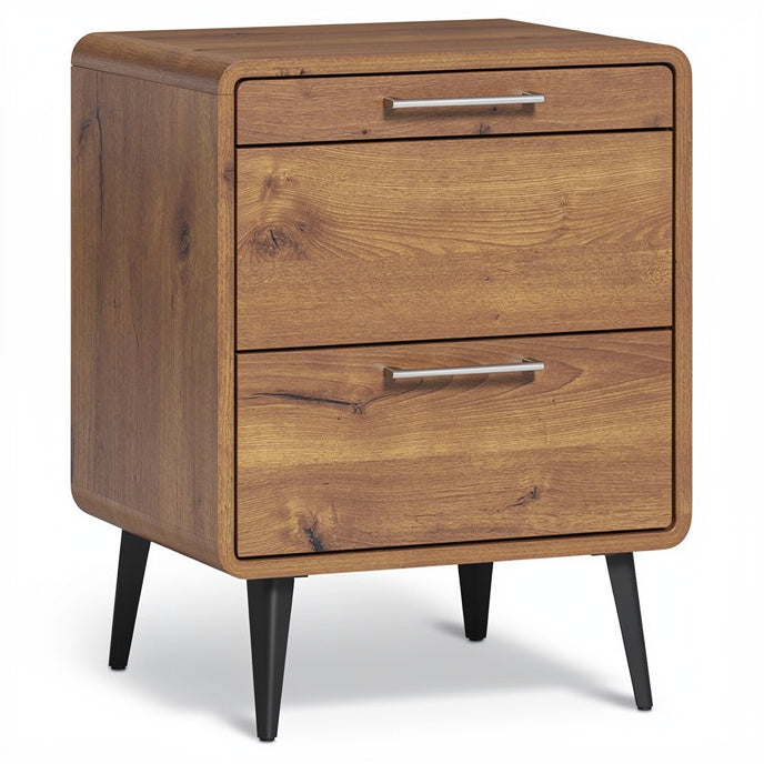 **Titel in het Nederlands: Scandinavische nachtkast met twee lades en houten afwerking**