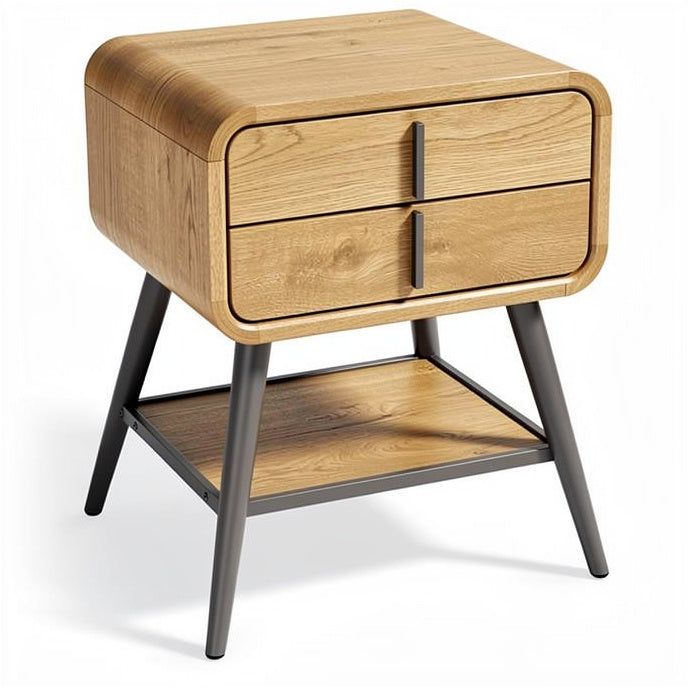 **Technische titel in het Nederlands: Moderne houten nachtkast met lades en metalen poten**