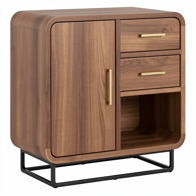 **Moderne houten nachtkast met metalen onderstel en opbergruimte**