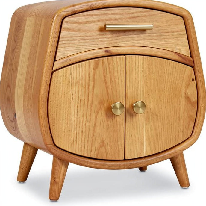 **Technische titel in het Nederlands: Modern houten nachtkastje met afgeronde hoeken en metalen handgrepen**